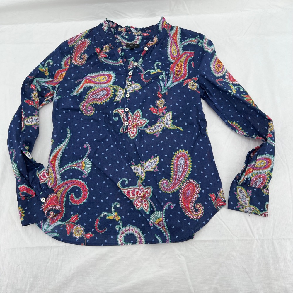 Talbots Petite Navy Blue Paisley Cotton Button Split Neck Blouse Top P VN1427